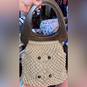 Vintage Macrame Crochet Handbag Purse Ivory Wood Handle 1970's Boho Festival